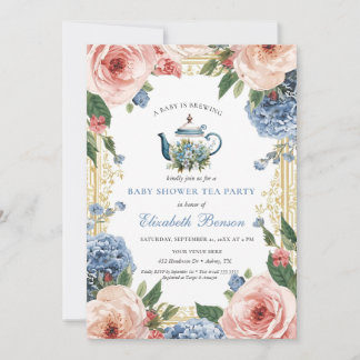 A Baby Is Brewing Blue Floral Shower Invitation
