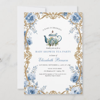 A Baby Is Brewing Blue Floral Shower Invitation