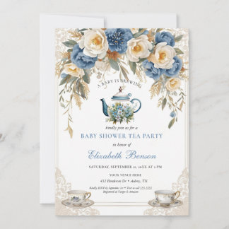 A Baby Is Brewing Blue Floral Shower Invitation