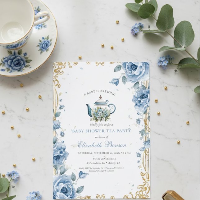 A Baby Is Brewing Blue Floral Shower Invitation (Creator Uploaded)