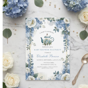 A Baby Is Brewing Blue Floral Shower Invitation