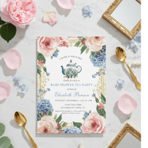 A Baby Is Brewing Blue Floral Shower Invitation