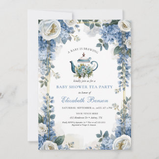 A Baby Is Brewing Blue Floral Shower Invitation