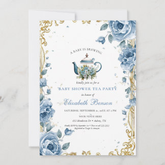 A Baby Is Brewing Blue Floral Shower Invitation