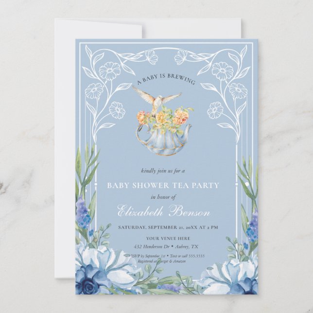 A Baby is Brewing blue Flower Baby Shower Tea Invitation (Front)