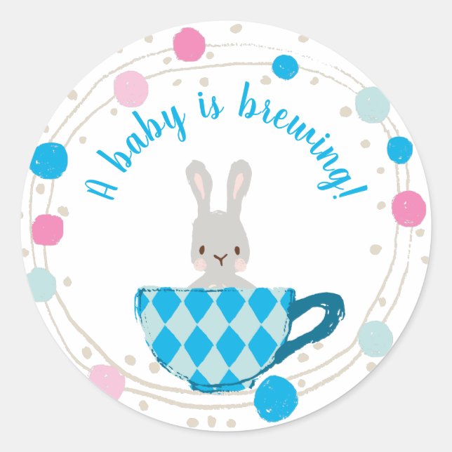A Baby is Brewing Blue Teacup Baby Boy Shower Classic Round Sticker (Front)
