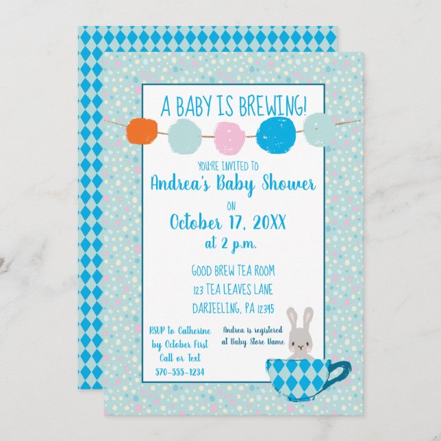 A Baby is Brewing Blue Teacup Baby Boy Shower Invitation (Front/Back)