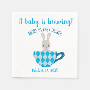 A Baby is Brewing Blue Teacup Baby Boy Shower Napkin
