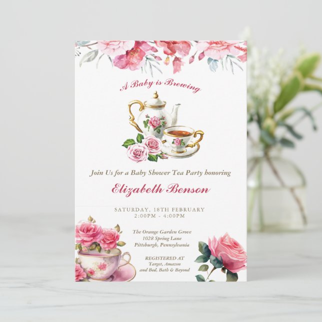 A Baby is Brewing Blush Flower Baby Shower Tea Inv Invitation (Standing Front)