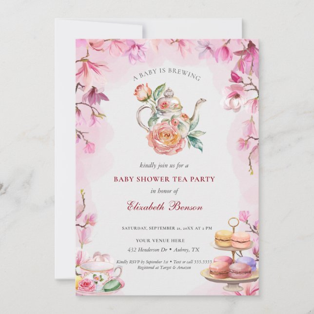 A Baby is Brewing Blush Flower Baby Shower Tea Invitation (Front)