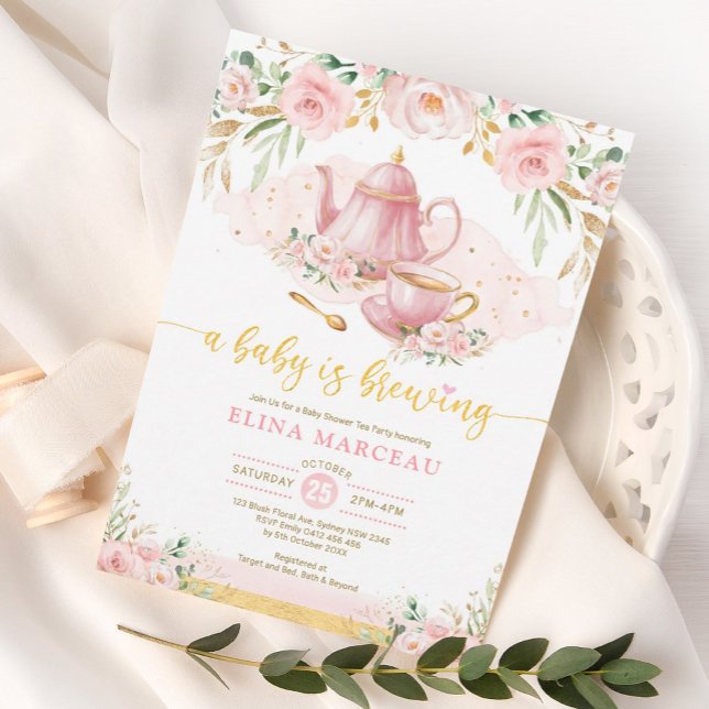 A Baby is Brewing Blush Flower Baby Shower Tea Invitation (Creator Uploaded)