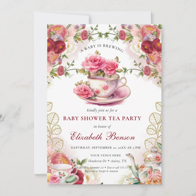 A Baby is Brewing Blush Flower Baby Shower Tea Invitation (Front)