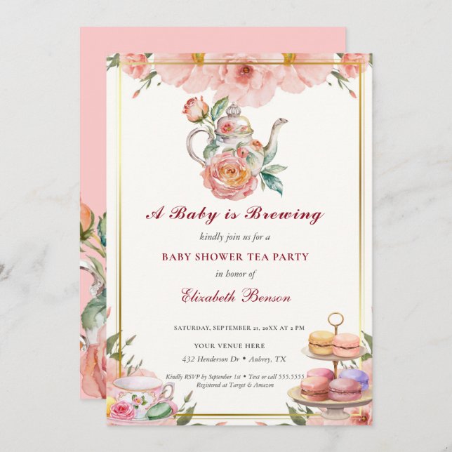 A Baby is Brewing Blush Flower Baby Shower Tea Invitation (Front/Back)