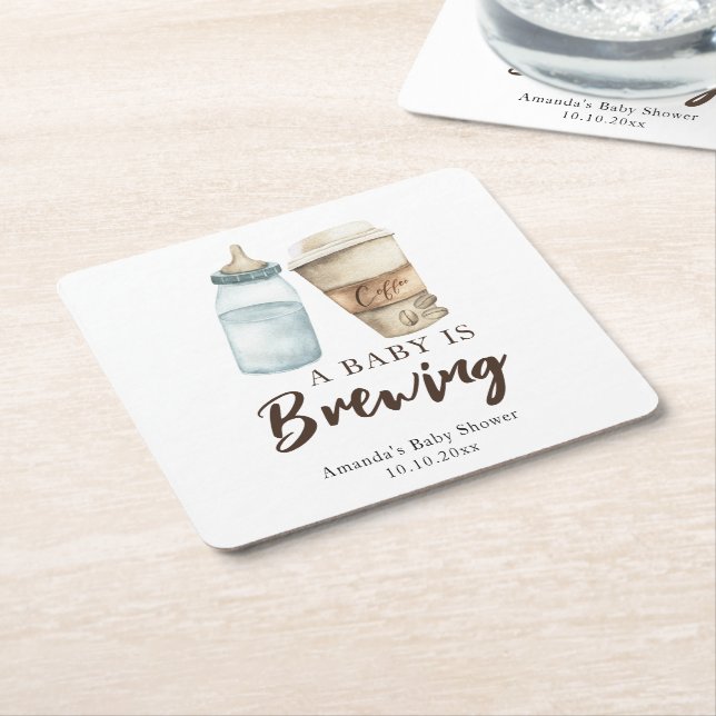 A Baby is Brewing Bottle Coffee Baby shower Square Paper Coaster (Angled)