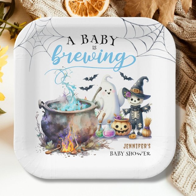 A Baby is Brewing Boy Cute Halloween Baby Shower Paper Plate (Creator Uploaded)