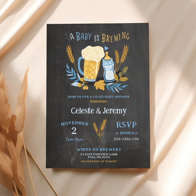 A Baby is Brewing, Boys coed Baby shower Invitation (a baby is brewing baby shower invitation shown on cloth tabletop with fall foliage )