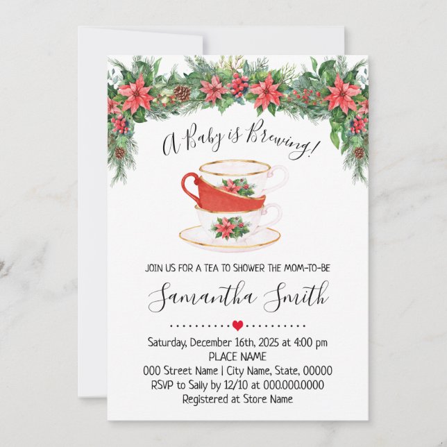 A Baby is Brewing Christmas Tea Baby Shower Holiday Card (Front)