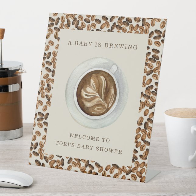 A Baby Is Brewing Coffee Beans Baby Shower Pedestal Sign (In SItu)