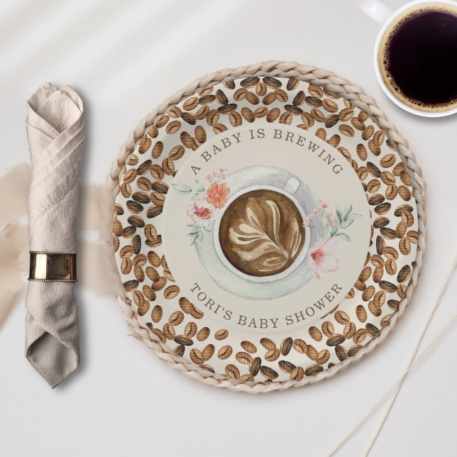 A Baby Is Brewing Coffee Floral Baby Shower Paper Plate (Creator Uploaded)