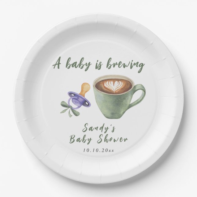 A Baby Is Brewing Coffee Pacifier Bow Baby Shower Paper Plate (Front)
