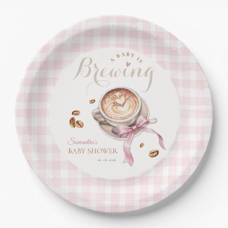 A baby is brewing coffee pink bow baby shower paper plate