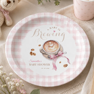 A baby is brewing coffee pink bow baby shower paper plate