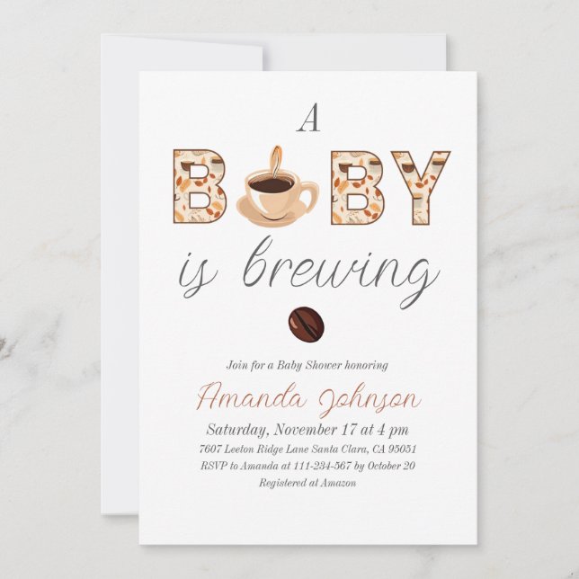 A Baby is Brewing Coffee Themed Baby Shower Invitation (Front)