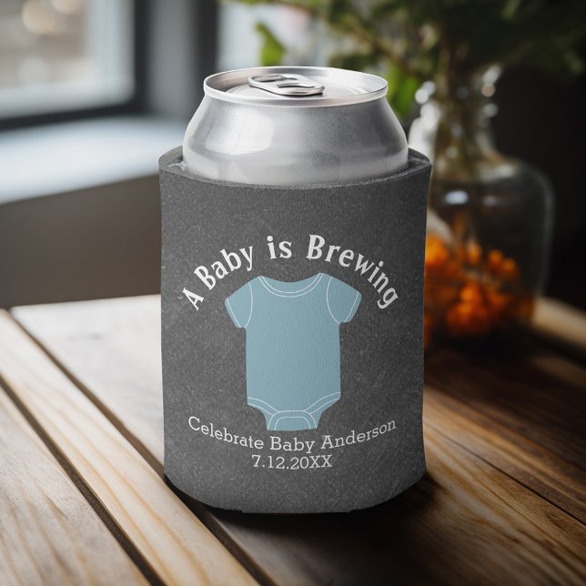 A Baby is Brewing - Couples Shower Favour Blue Boy Can Cooler (Baby Shower Favor - Personalized Can Cooler for a Couple's Shower - A Baby is Brewing)