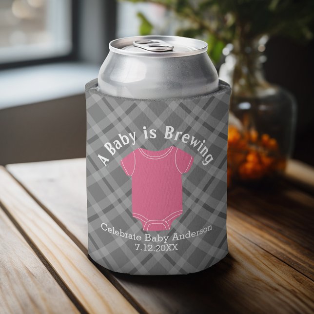 A Baby is Brewing - Couples Shower Favour Pink Gir Can Cooler (Baby Shower Favor - Personalized Can Cooler for a Couple's Shower - A Baby is Brewing)