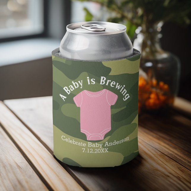 A Baby is Brewing - Couples Shower Favour Pink Gir Can Cooler (Baby Shower Favor - Personalized Can Cooler for a Couple's Shower - A Baby is Brewing)