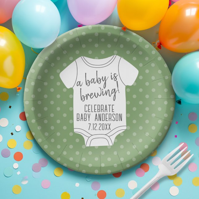 A Baby is Brewing -- Couples Shower - Green Paper Plate (Personalized Party Plates - Baby Shower)