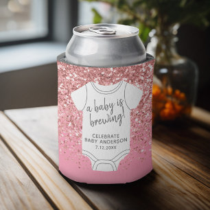A Baby is Brewing -- Couples Shower Pink Glitter Can Cooler