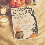 A Baby Is Brewing Cute Halloween Baby Shower Invitation<br><div class="desc">A baby is brewing! This cute baby shower design features a hand-painted watercolor scene of a bubbling cauldron with orange smoke and a cute little cat wearing a witch's hat standing on an orange pumpkin. Setting the scene, there is a gnarly black tree curved around the right-hand side of the...</div>