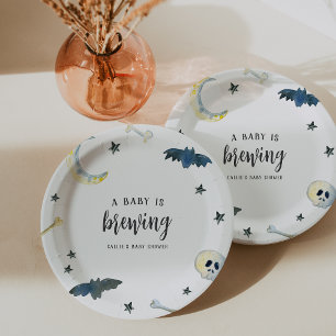A Baby Is Brewing   Cute Halloween Baby Shower Pap Paper Plate