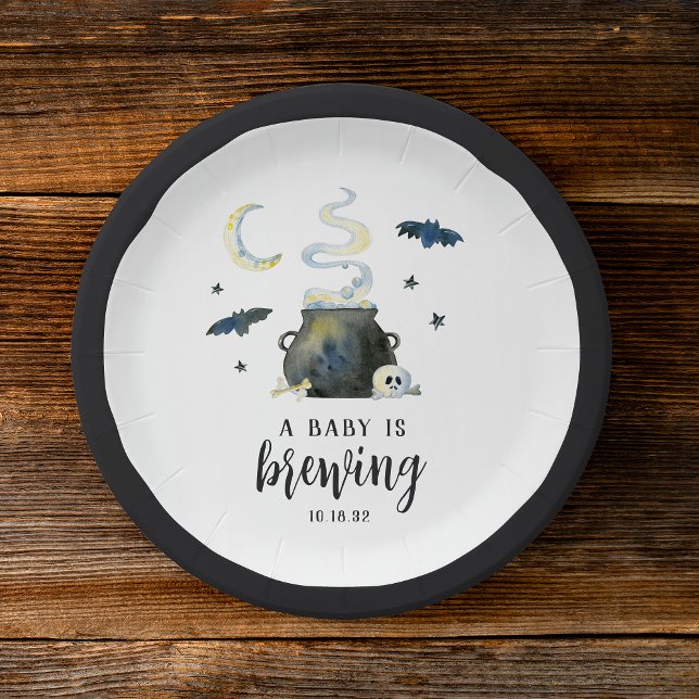 A Baby Is Brewing | Cute Halloween Baby Shower Paper Plate (Creator Uploaded)