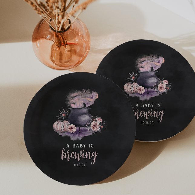 A Baby Is Brewing | Cute Halloween Baby Shower Paper Plate (Creator Uploaded)