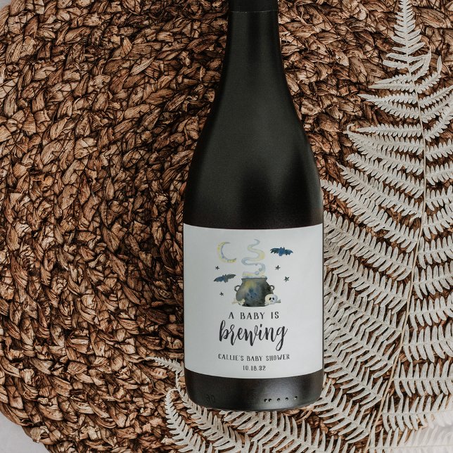 A Baby Is Brewing Cute Halloween Baby Shower Wine Label (Creator Uploaded)