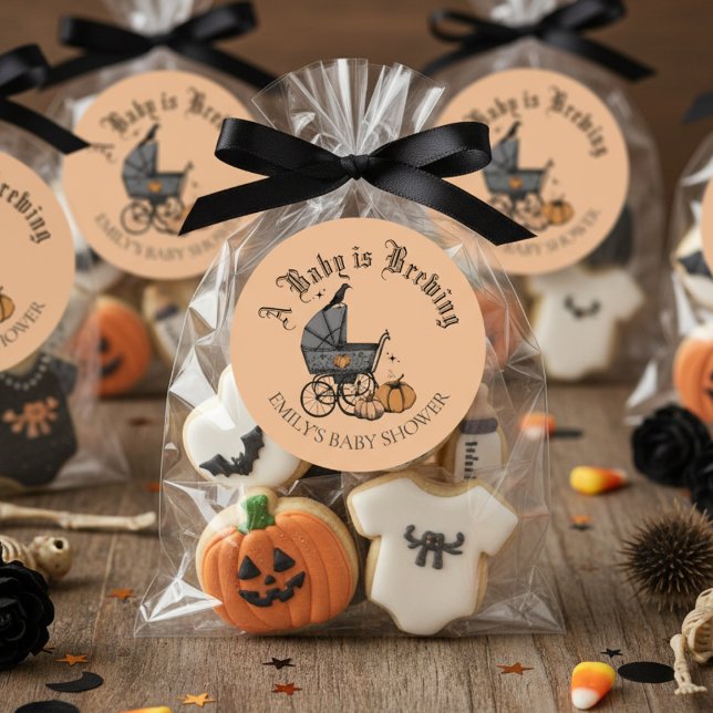 A Baby is Brewing Fall Baby Shower Favour Sticker (Cute Gothic A Baby is Brewing Halloween Baby Shower Favor Stickers. Baby Carriage, Pumpkins, Raven)
