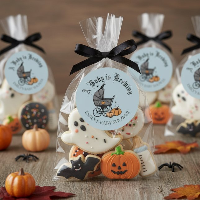 A Baby is Brewing Fall Baby Shower Favour Sticker (Cute Gothic A Baby is Brewing Halloween Baby Shower Favor Stickers. Baby Carriage, Pumpkins, Raven)