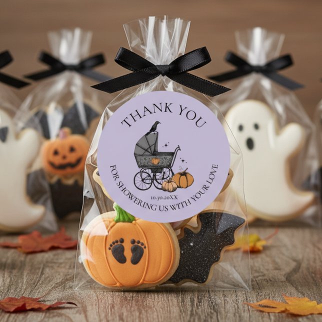 A Baby is Brewing Fall Baby Shower Thank You Classic Round Sticker (Gothic Halloween Baby Shower Favor Stickers to Say Thank You. Cute Spooky Baby Carriage Fall Pumpkin)