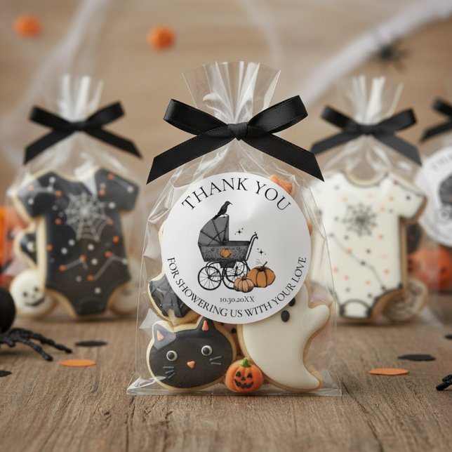 A Baby is Brewing Fall Baby Shower Thank You Classic Round Sticker (Gender Neutral Gothic Halloween Baby Shower Favor Stickers. Cute Spooky Baby Carriage Fall Pumpkin)