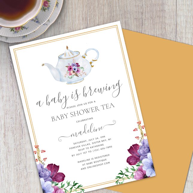A Baby is Brewing Floral Baby Shower Tea Party Invitation (Creator Uploaded)
