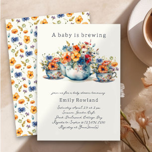 A Baby is Brewing Floral Teacups Baby Shower Invitation