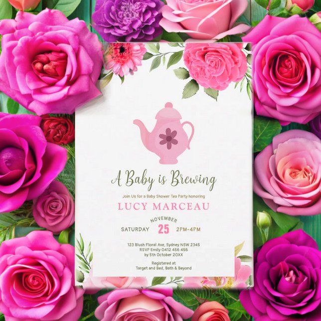 A Baby is Brewing Flower Rose Tea Baby Shower Invitation (Creator Uploaded)