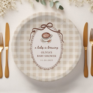 A Baby is Brewing Gingham Coffee Baby Shower Paper Plate