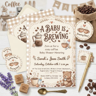 A Baby is Brewing Gingham Coffee Neutral Gender  Invitation