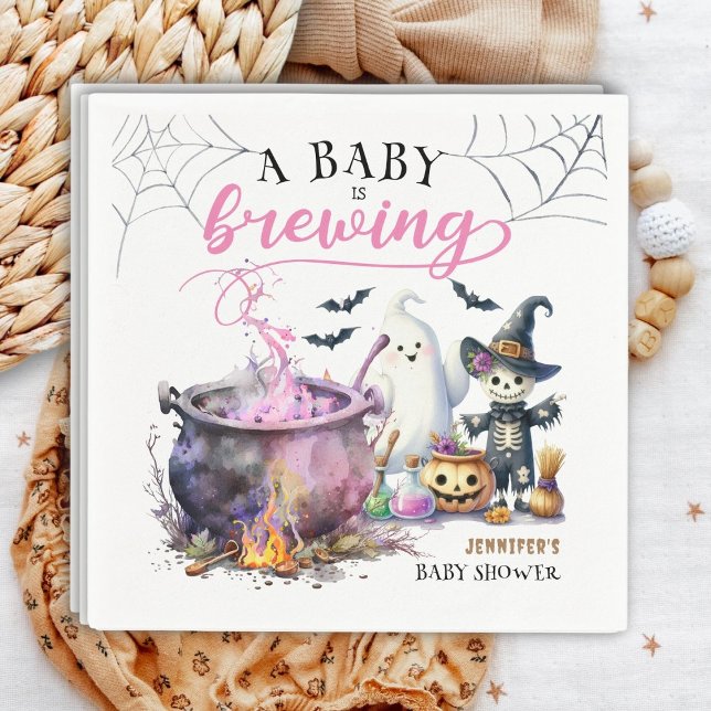A Baby is Brewing Girl Pink Halloween Baby Shower Napkin (Creator Uploaded)