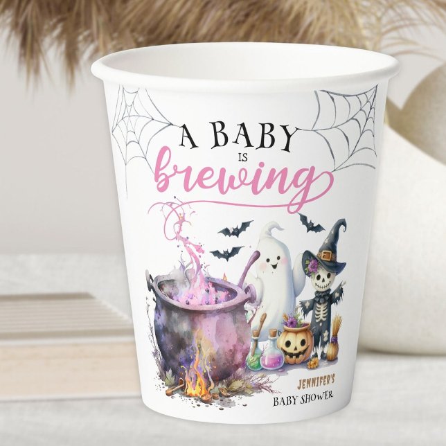 A Baby is Brewing Girl Pink Halloween Baby Shower Paper Cups (Creator Uploaded)