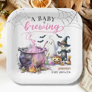 A Baby is Brewing Girl Pink Halloween Baby Shower Paper Plate