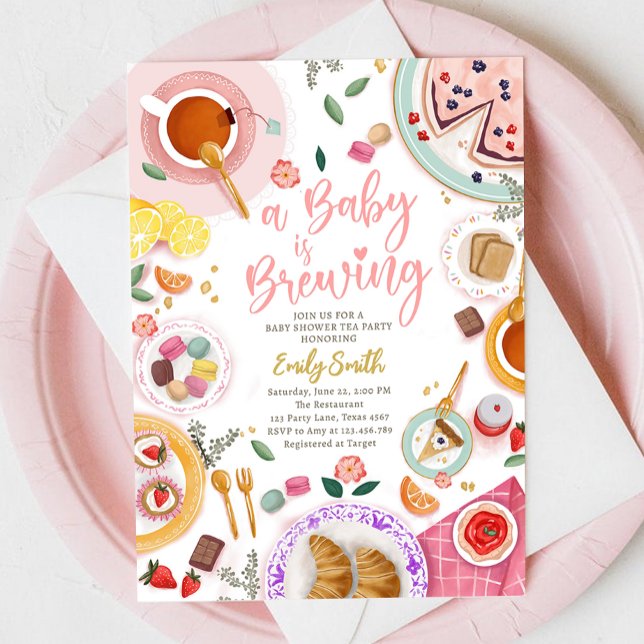 A Baby is Brewing Girl Pink Tea Party Baby Shower Invitation (Creator Uploaded)